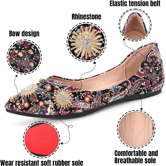 🆕Women's Flats Shoes Red Fabric Rhinestone Pointed Toe Comfort Bowknot Ballet - Picture 8 of 8